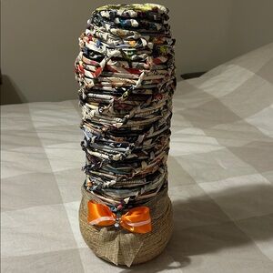 Handmade braided paper Vase with Orange Ribbon